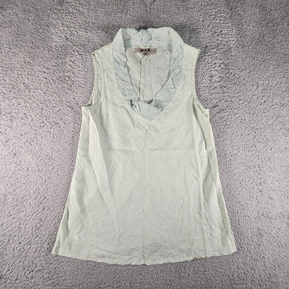 Flax Linen Tank Top Womens P XS Green Ruffle Collar Preppy Casual Classic Beachy